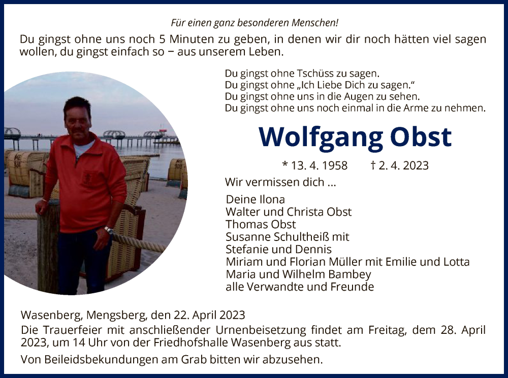  Traueranzeige für Wolfgang Obst vom 22.04.2023 aus HNA