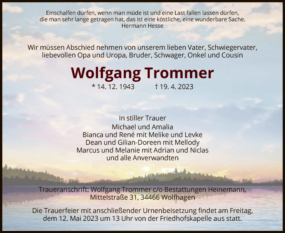  Traueranzeige für Wolfgang Trommer vom 29.04.2023 aus HNA