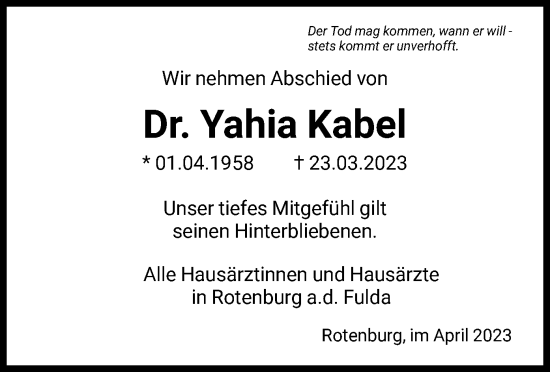 Traueranzeige von Yahia Kabel von HNA