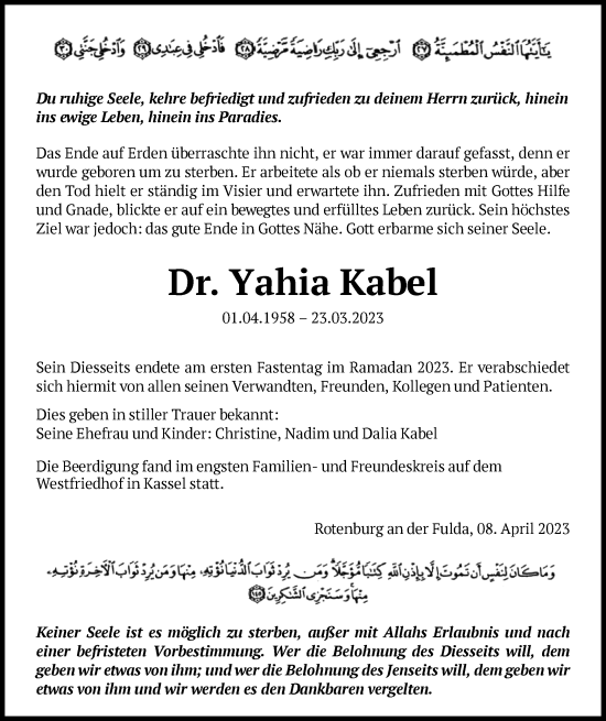 Traueranzeige von Yahia Kabel von HNA