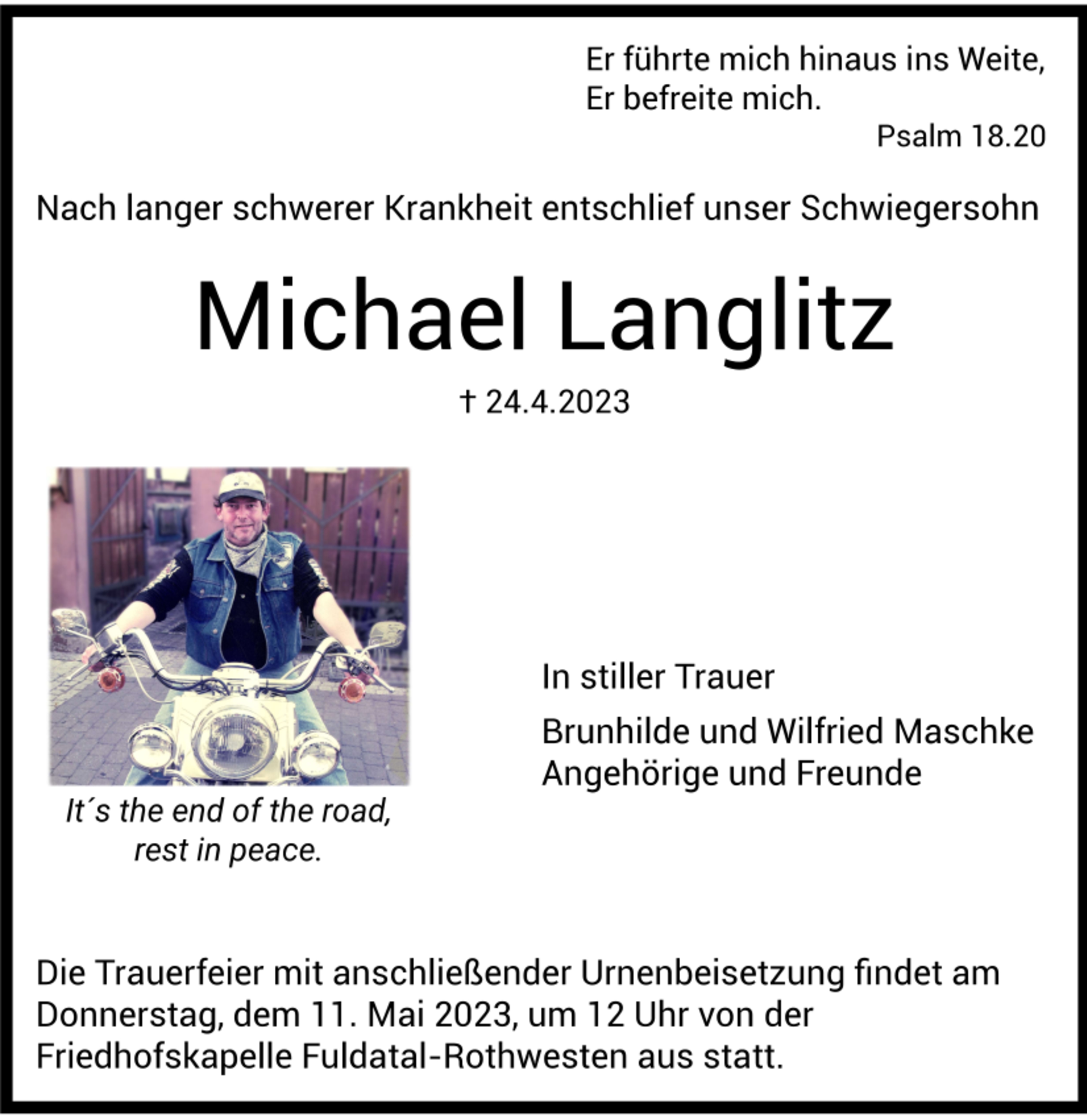  Traueranzeige für Michael Langlitz vom 06.05.2023 aus HNA
