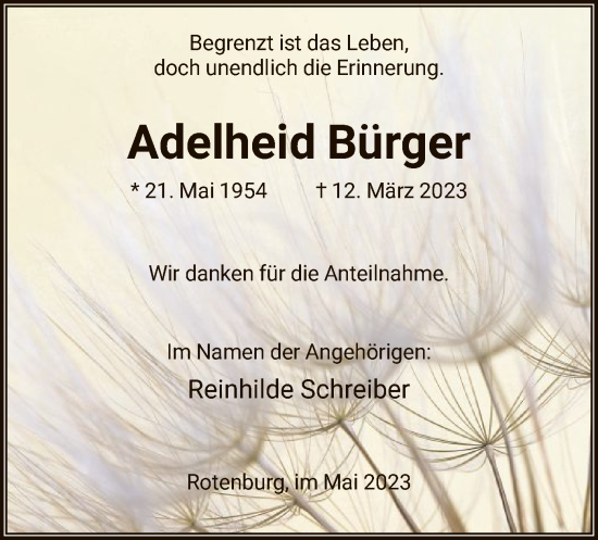 Traueranzeige von Adelheid Bürger von HNA