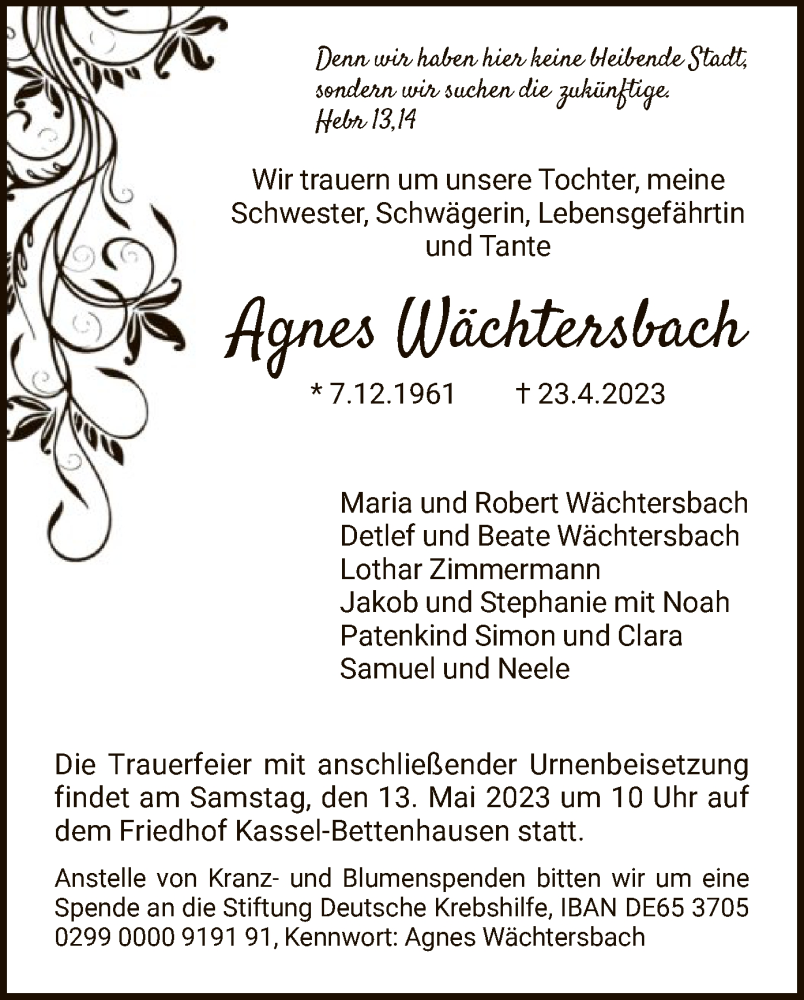 Traueranzeige für Agnes Wächtersbach vom 06.05.2023 aus HNA