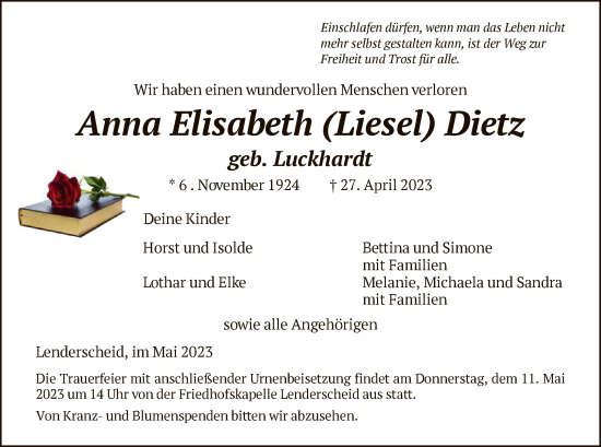 Traueranzeige von Anna Elisabeth Dietz von HNA