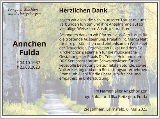 Traueranzeige von Annchen Fulda von HNA