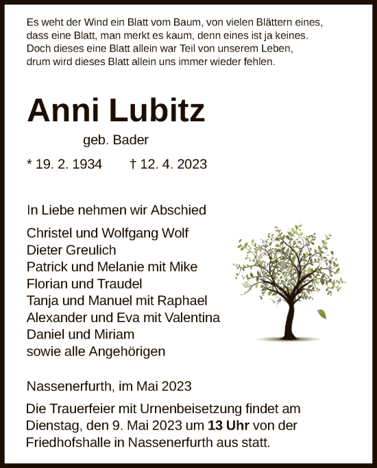 Traueranzeige von Anni Lubitz von HNA