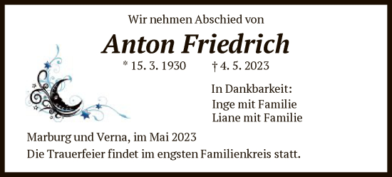 Traueranzeige von Anton Friedrich von HNA