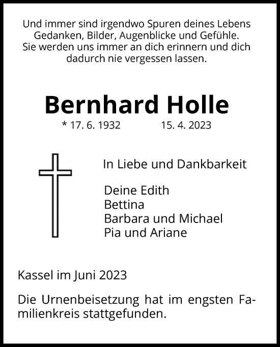 Traueranzeige von Berhard Holle von HNA