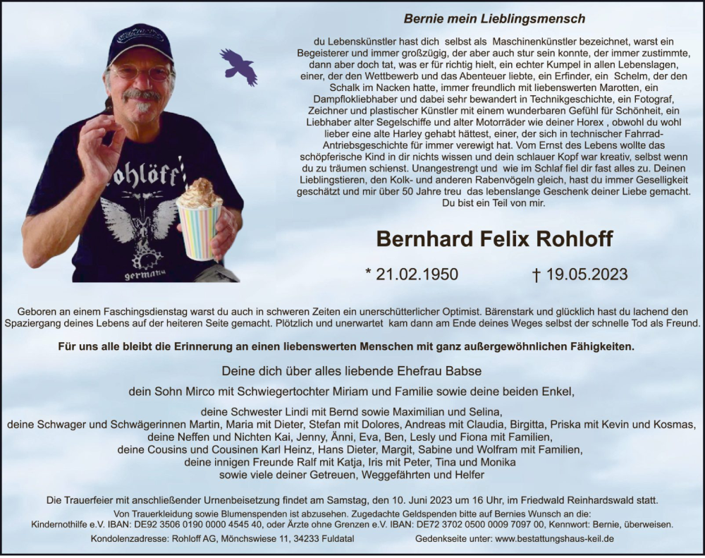  Traueranzeige für Bernhard Felix Rohloff vom 27.05.2023 aus HNA