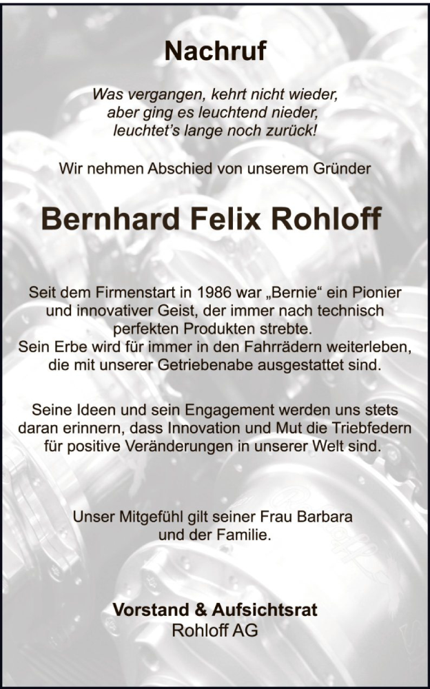  Traueranzeige für Bernhard Felix Rohloff vom 27.05.2023 aus HNA
