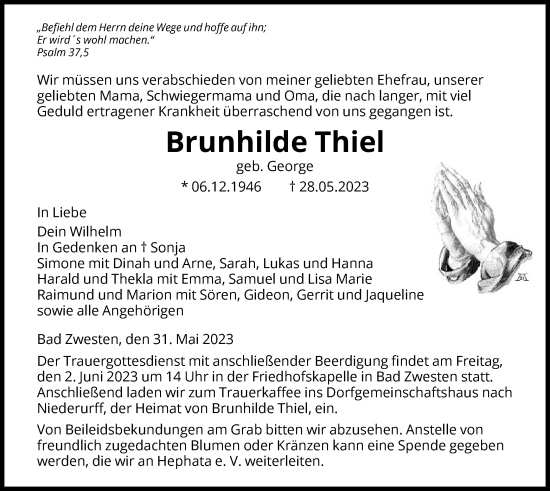 Traueranzeige von Brunhilde Thiel von HNA
