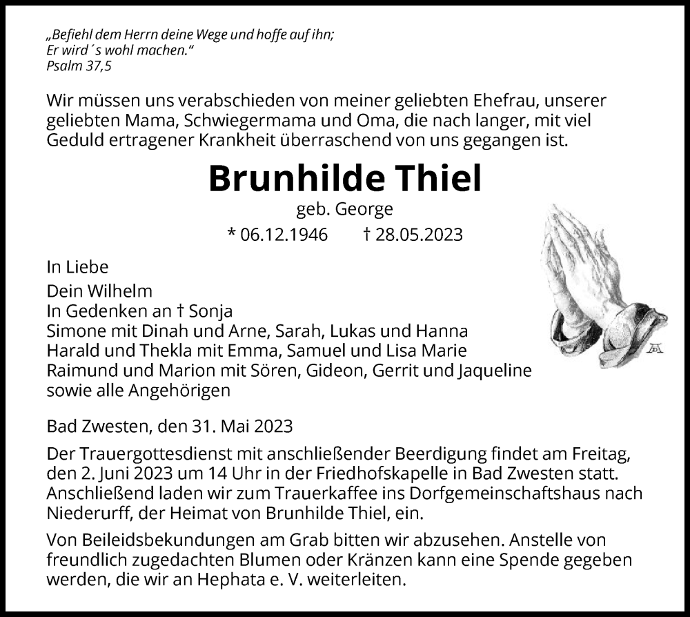  Traueranzeige für Brunhilde Thiel vom 31.05.2023 aus HNA