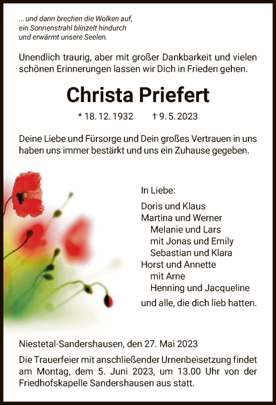 Traueranzeige von Christa Priefert von HNA