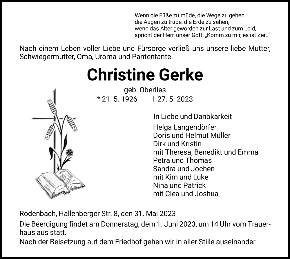  Traueranzeige für Christine Gerke vom 31.05.2023 aus HNA