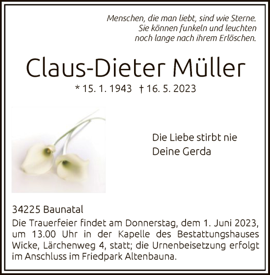 Traueranzeige von Claus-Dieter Müller von HNA