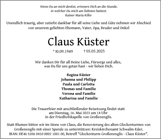 Traueranzeige von Claus Küster von HNA