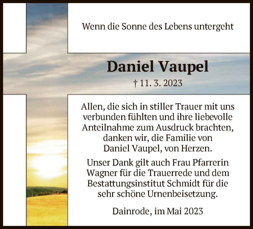  Traueranzeige für Daniel Vaupel vom 17.05.2023 aus HNA