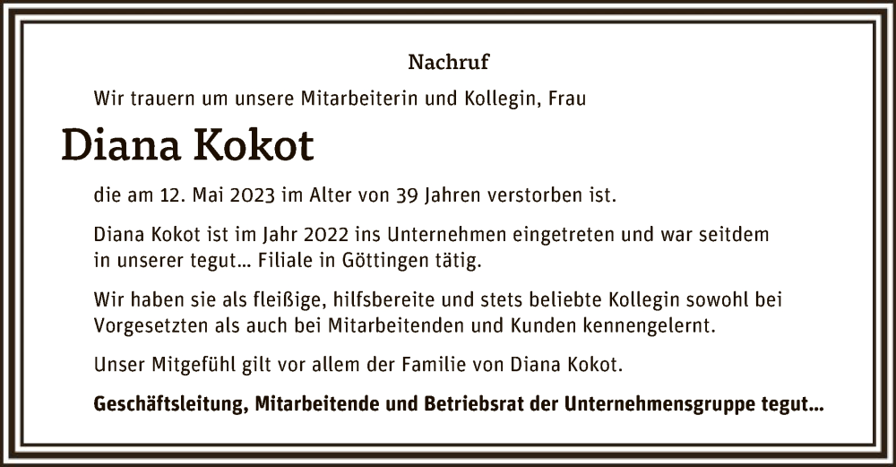  Traueranzeige für Diana Kokot vom 22.05.2023 aus HNA