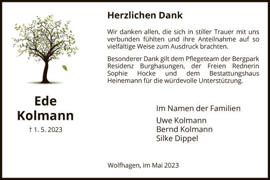 Traueranzeige von Ede Kolmann von HNA