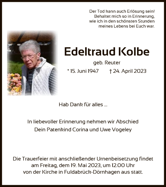 Traueranzeige von Edeltraud Kolbe von HNA