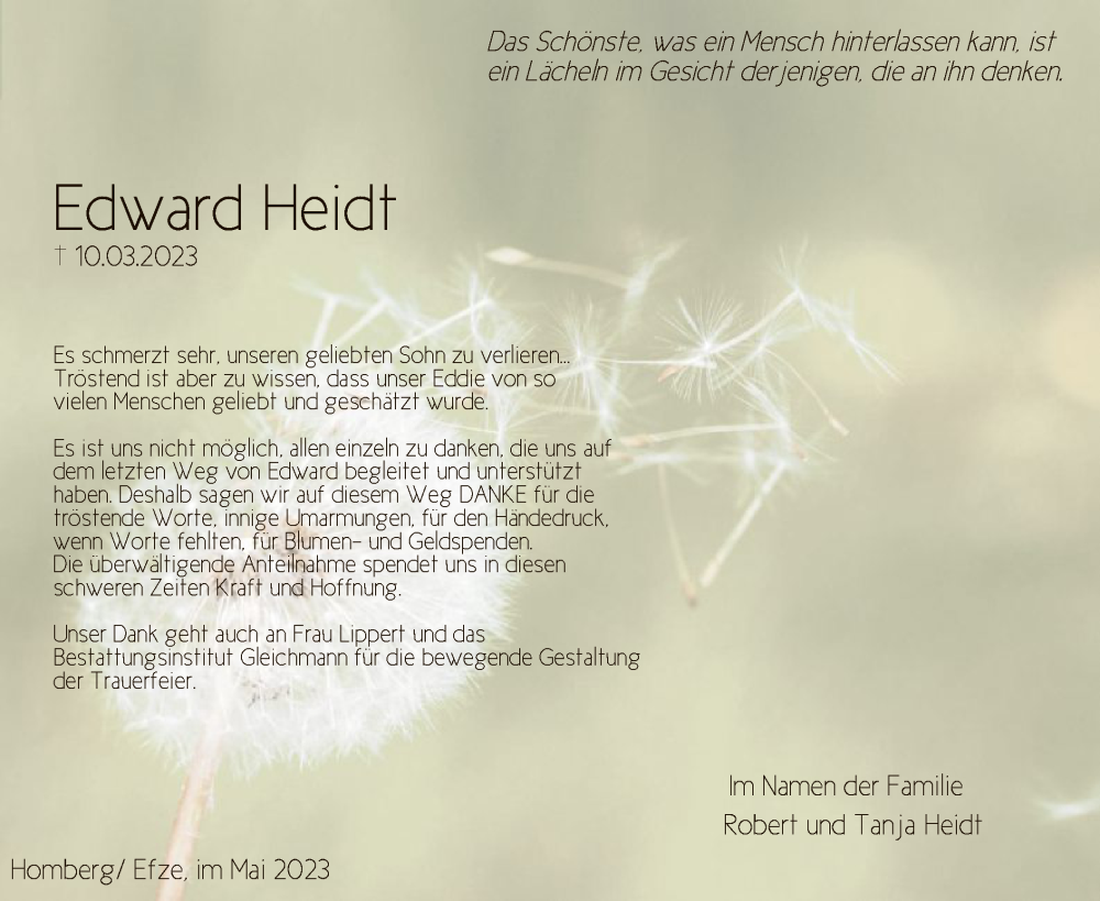  Traueranzeige für Edward Heidt vom 06.05.2023 aus HNA