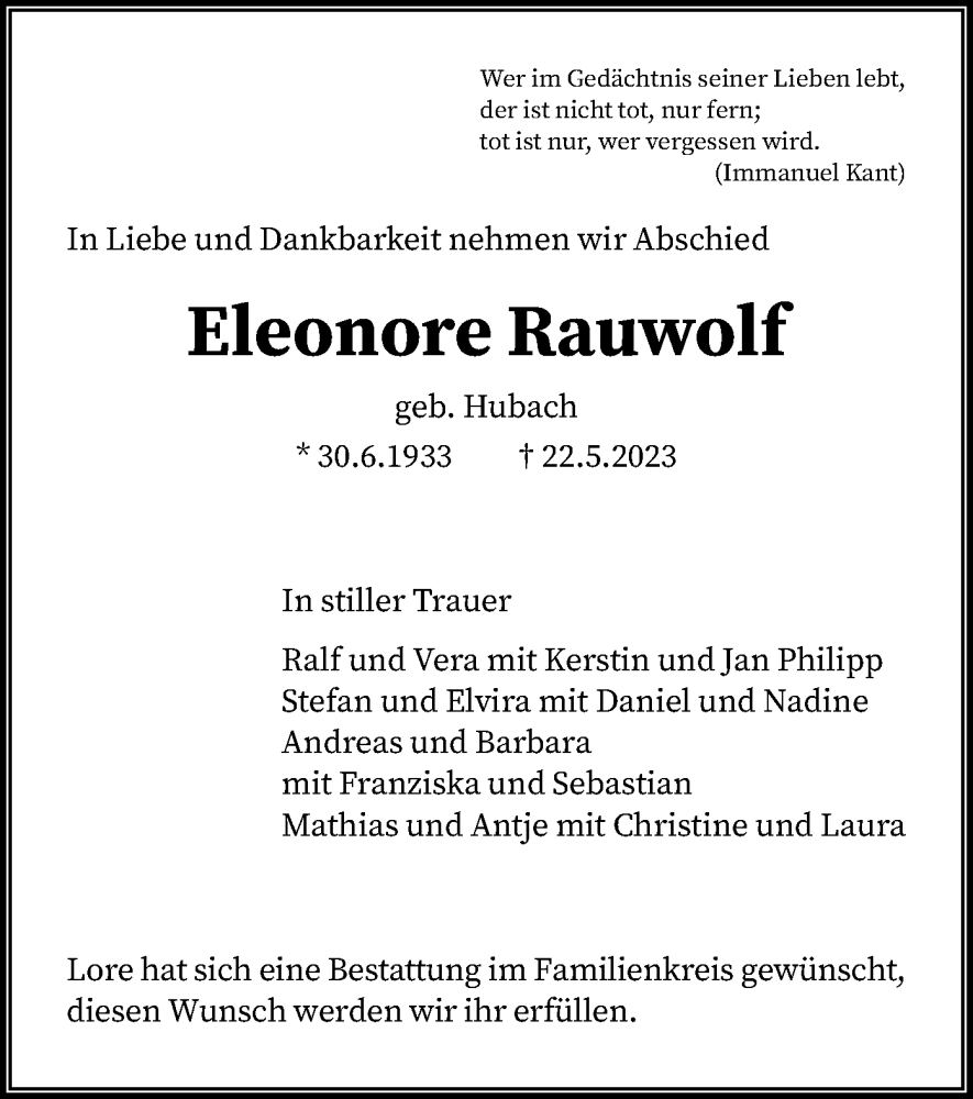  Traueranzeige für Eleonore Rauwolf vom 27.05.2023 aus HNA