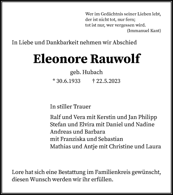 Traueranzeige von Eleonore Rauwolf von HNA