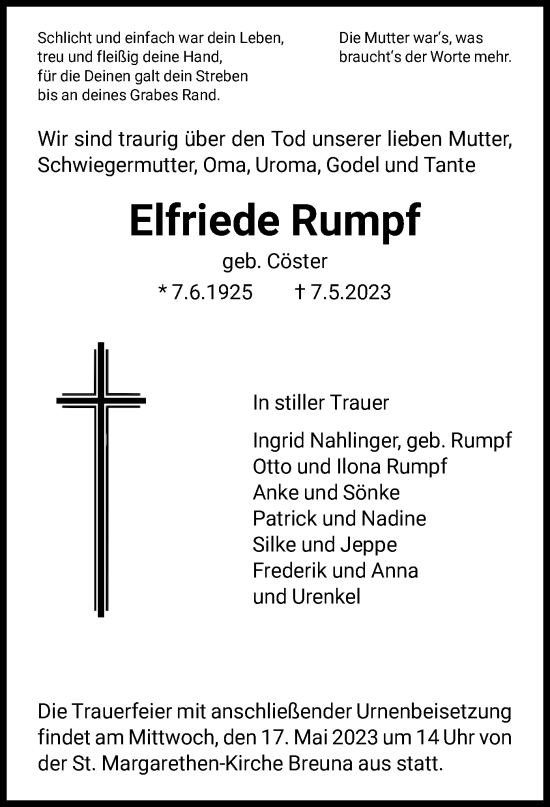 Traueranzeige von Elfriede Rumpf von HNA