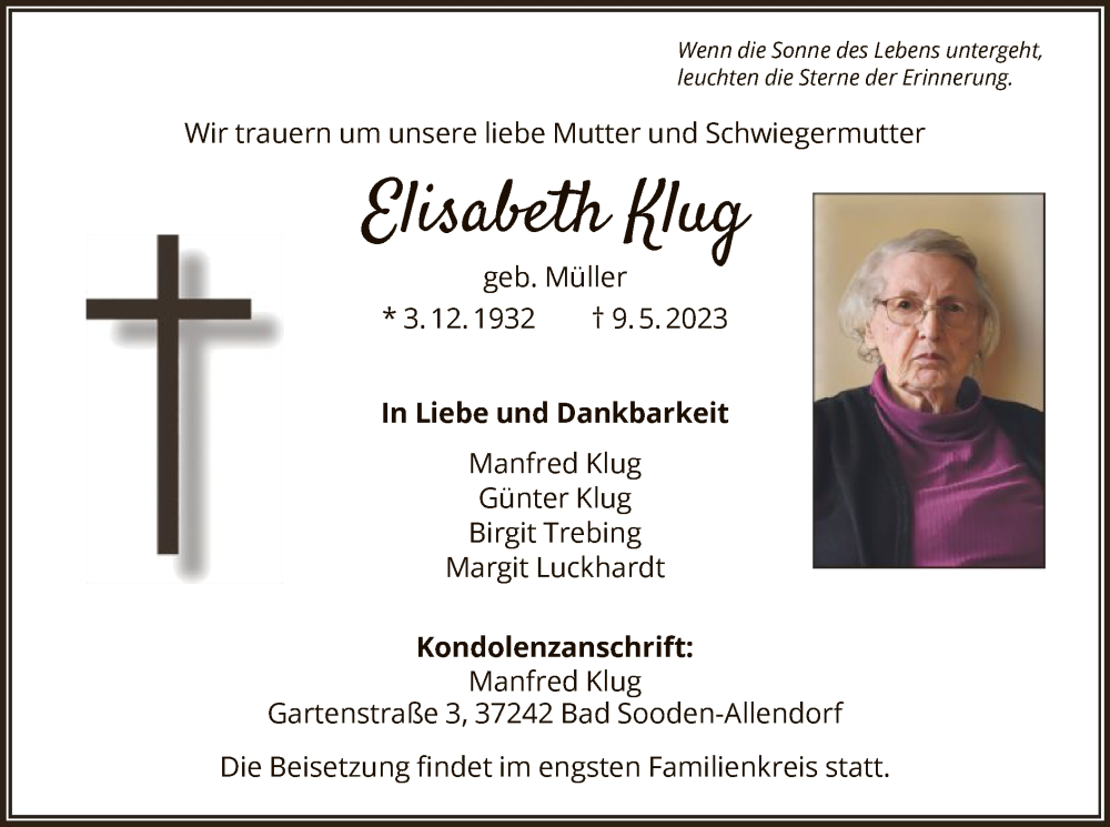  Traueranzeige für Elisabeth Klug vom 20.05.2023 aus HNA