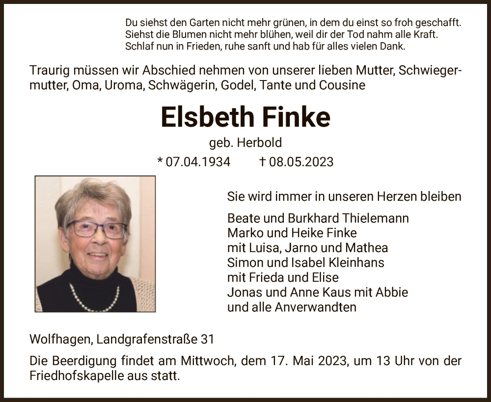  Traueranzeige für Elsbeth Finke vom 13.05.2023 aus HNA