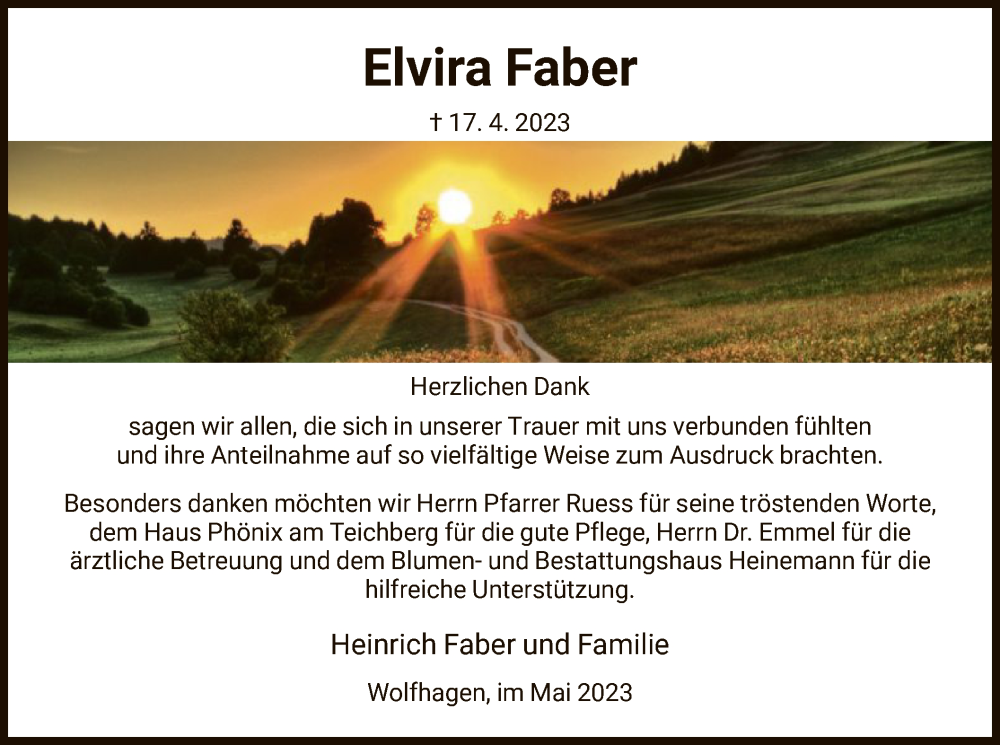  Traueranzeige für Elvira Faber vom 13.05.2023 aus HNA