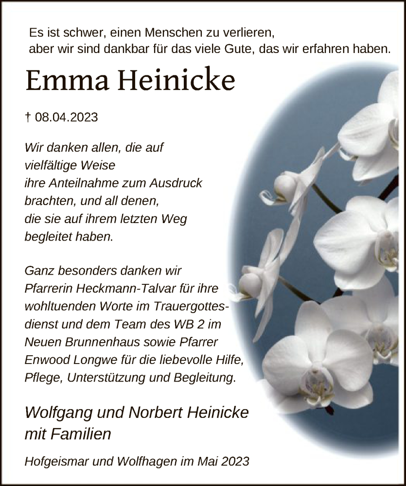  Traueranzeige für Emma Heinicke vom 20.05.2023 aus HNA