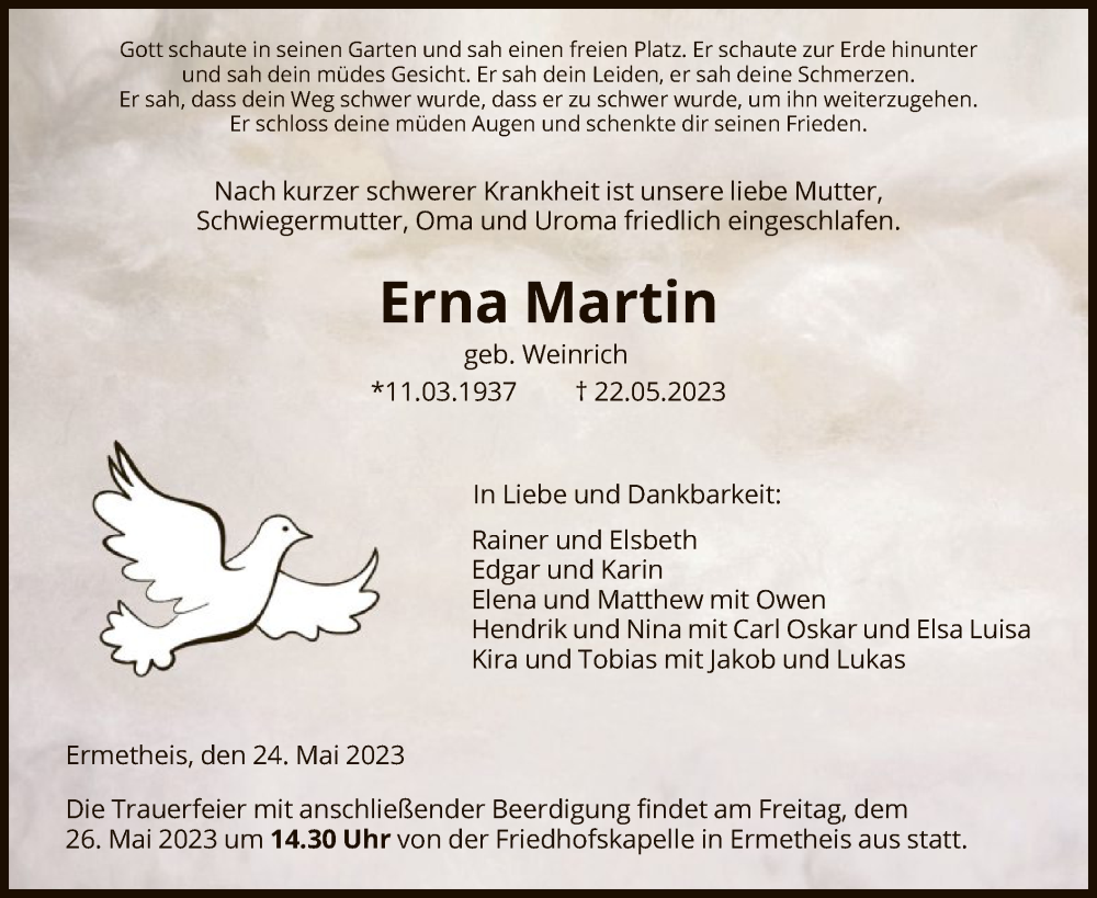  Traueranzeige für Erna Martin vom 24.05.2023 aus HNA