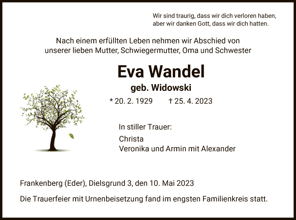  Traueranzeige für Eva Wandel vom 10.05.2023 aus HNA