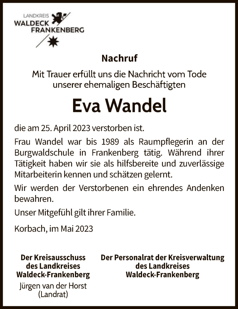  Traueranzeige für Eva Wandel vom 24.05.2023 aus HNA