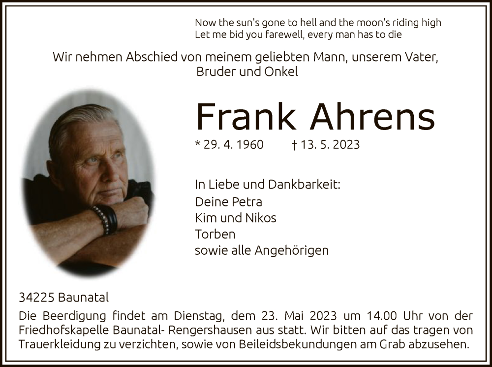  Traueranzeige für Frank Ahrens vom 20.05.2023 aus HNA