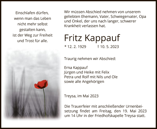 Traueranzeige von Fritz Kappauf von HNA