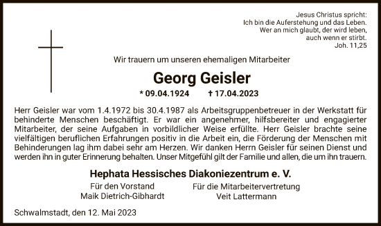 Traueranzeige von Georg Geisler von HNA