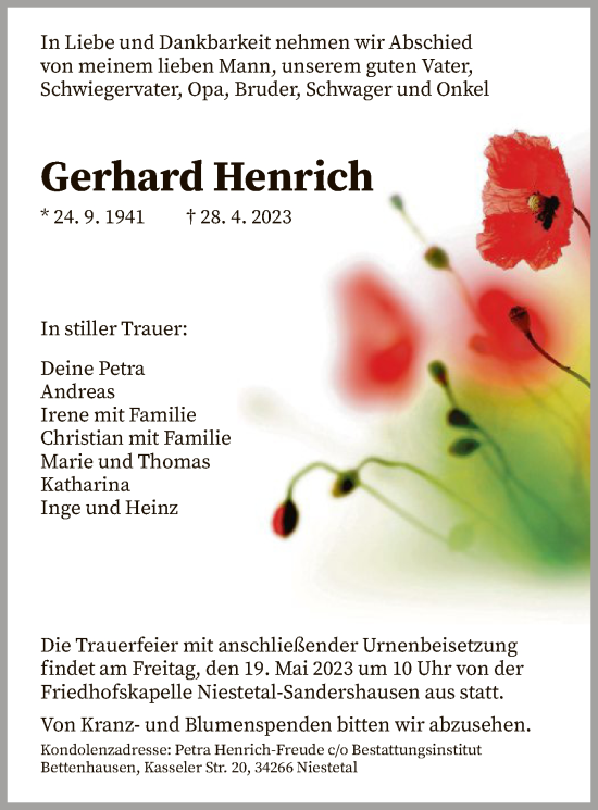 Traueranzeige von Gerhard Henrich von HNA