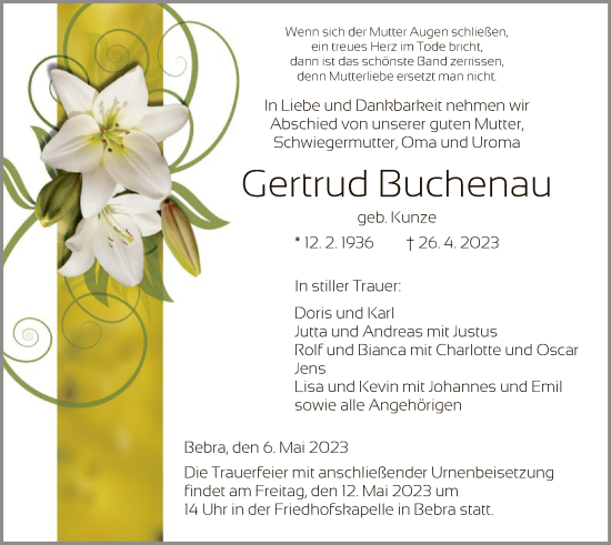 Traueranzeige von Gertrud Buchenau von HNA