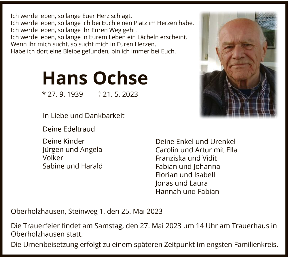  Traueranzeige für Hans Ochse vom 25.05.2023 aus HNA