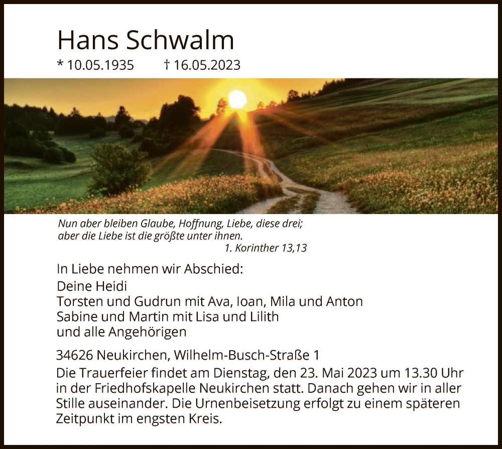  Traueranzeige für Hans Schwalm vom 20.05.2023 aus HNA
