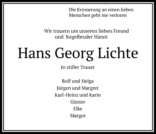 Traueranzeige von Hans Georg Lichte von HNA