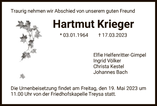 Traueranzeige von Hartmut Krieger von HNA