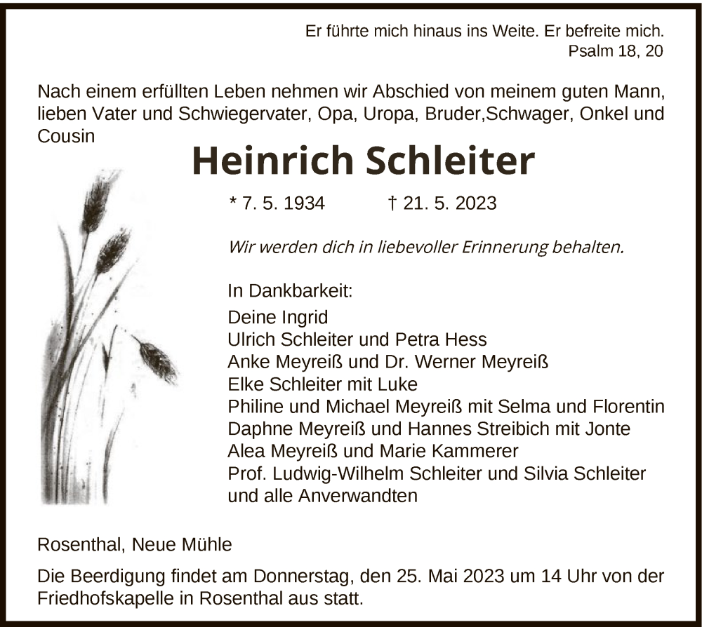  Traueranzeige für Heinrich Schleiter vom 24.05.2023 aus HNA