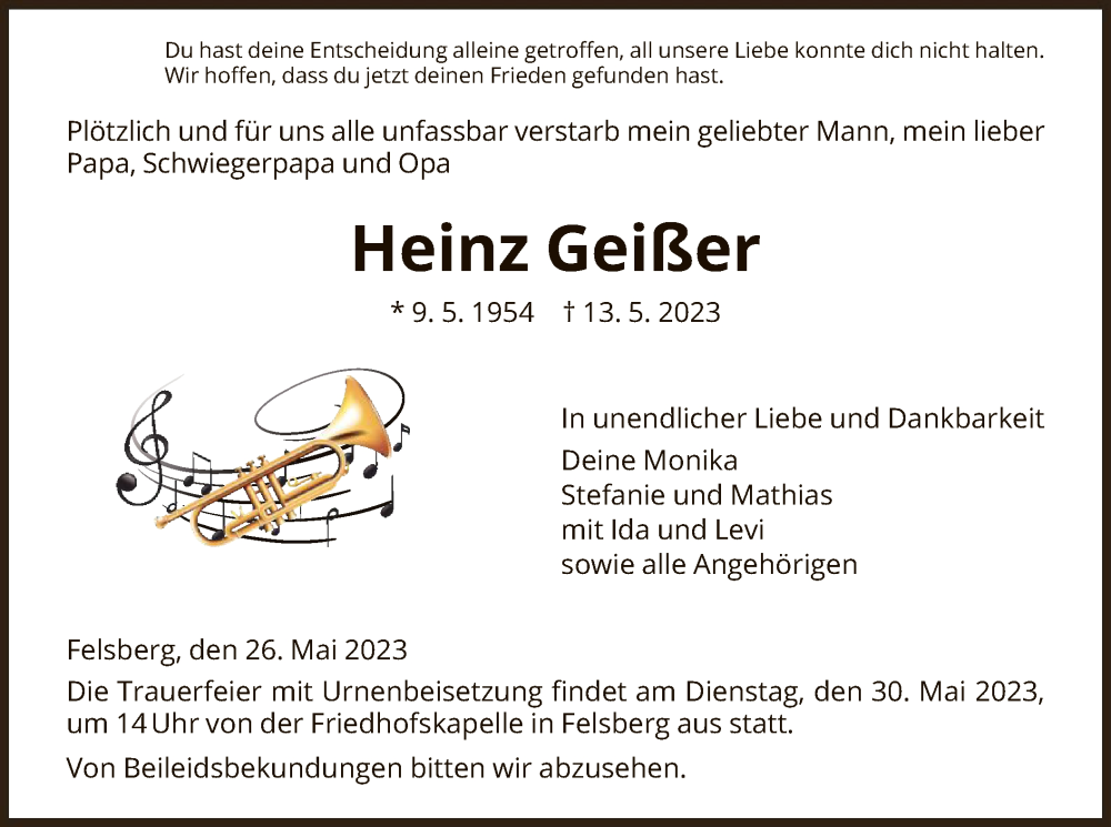  Traueranzeige für Heinz Geißer vom 26.05.2023 aus HNA
