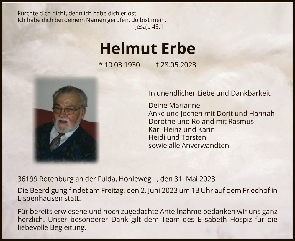  Traueranzeige für Helmut Erbe vom 31.05.2023 aus HNA