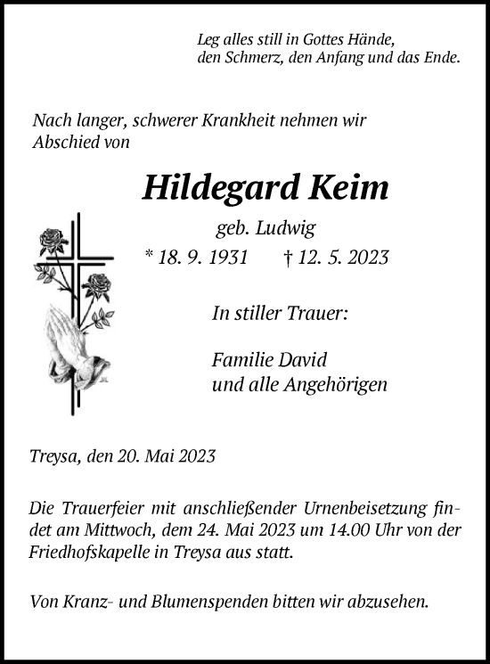 Traueranzeige von Hildegard Keim von HNA