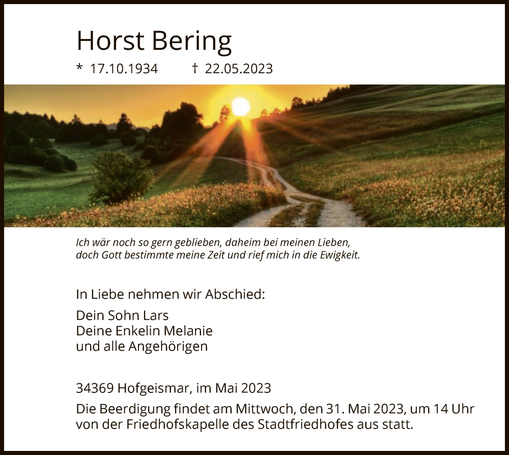  Traueranzeige für Horst Bering vom 26.05.2023 aus HNA