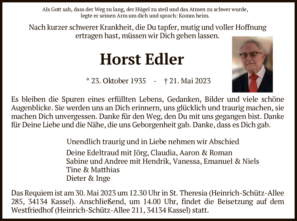  Traueranzeige für Horst Edler vom 26.05.2023 aus HNA